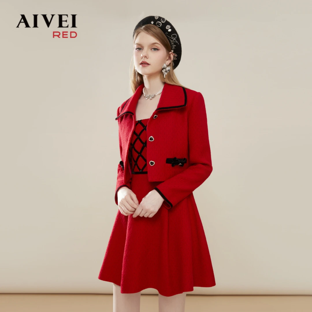 AIVEI法式复古红色气质外套吊带裙套装Q066S073