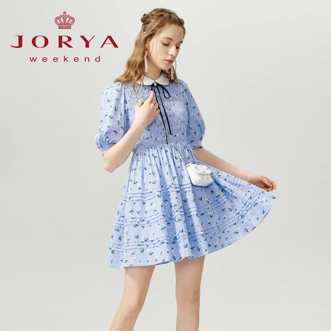 卓雅周末夏娃娃领抽褶收腰法式碎花连衣裙EJWCBG19