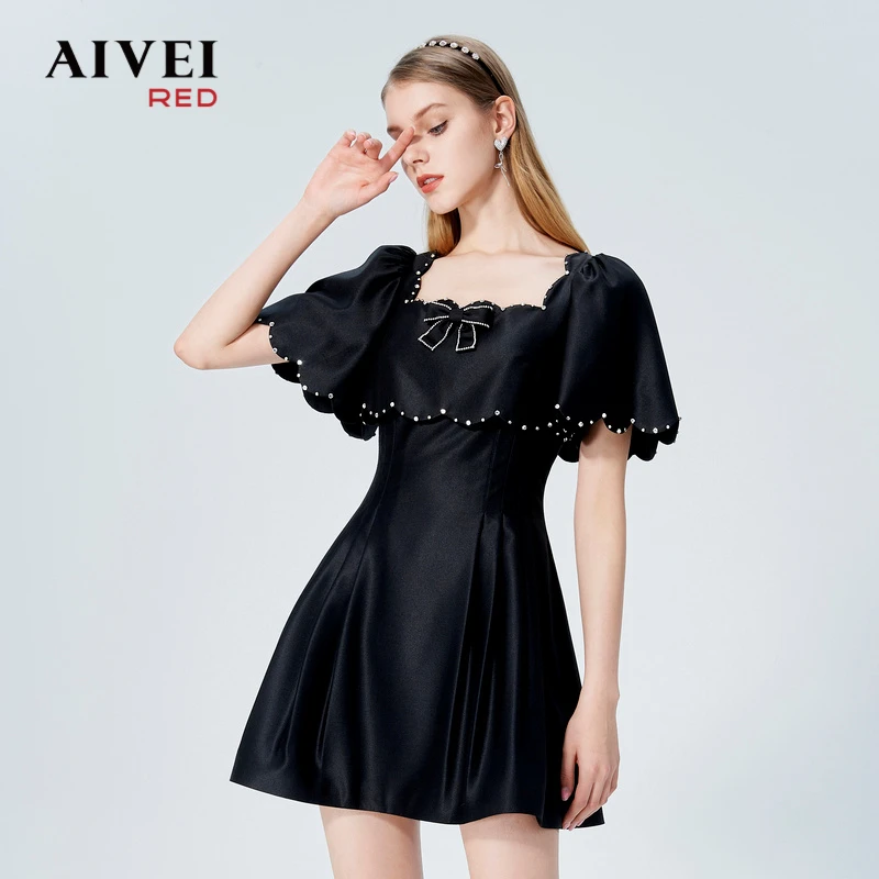 AIVEI新黑色缝钻收腰斗篷连衣裙小礼服P0360081