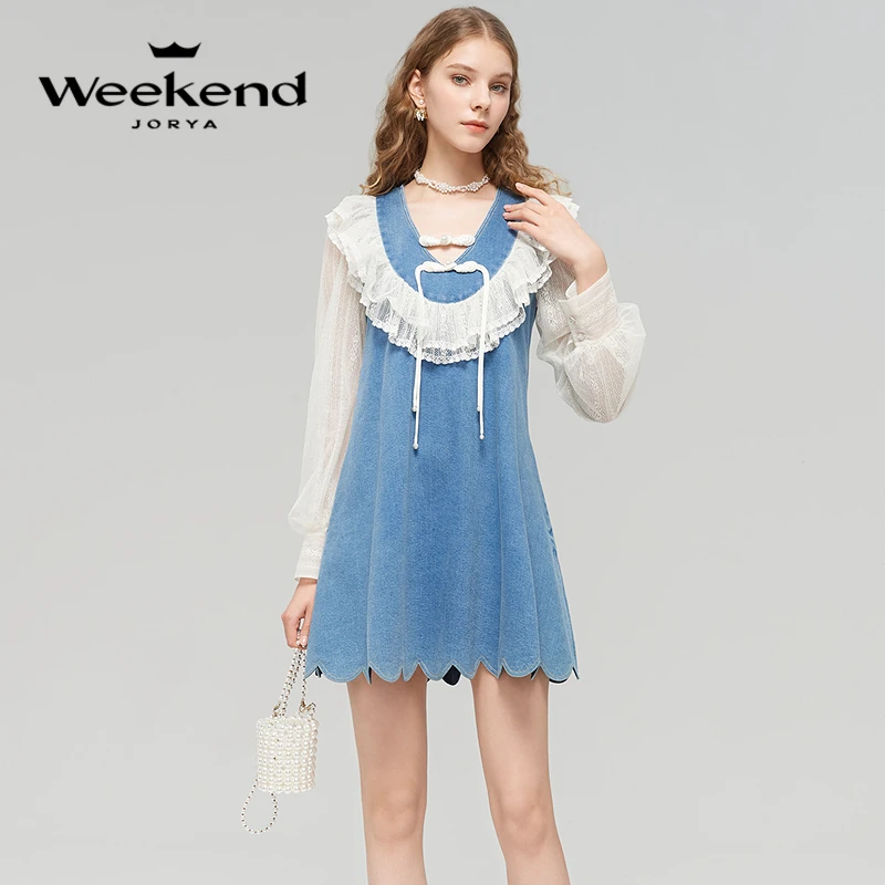 【媛媛女王专享】卓雅周末年春季牛仔蕾丝假两件连衣裙女EJWDAM20