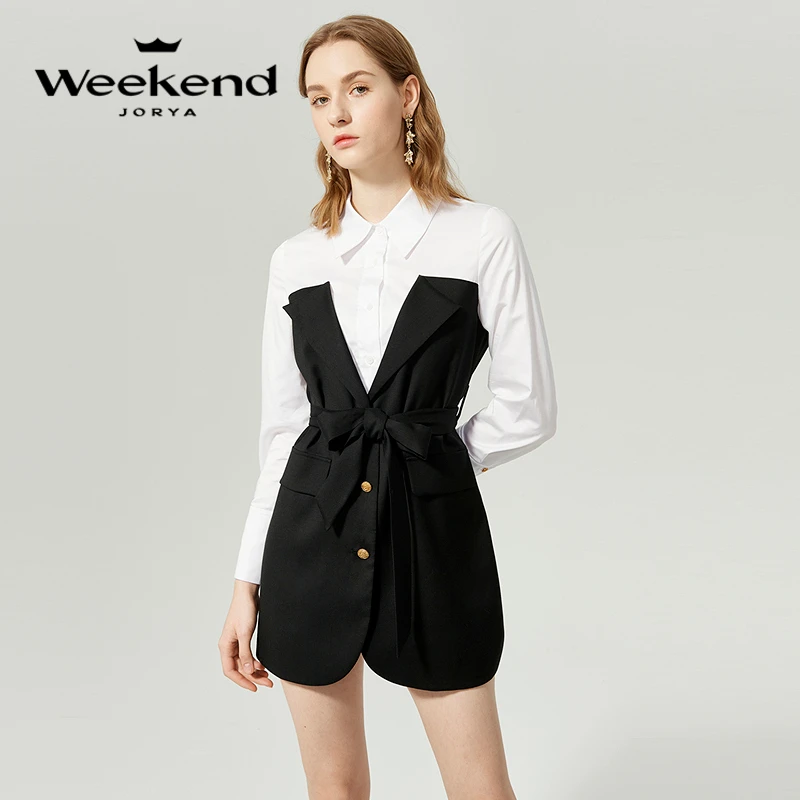 卓雅周末衬衫翻领拼接系带收腰连衣裙EJWCAR10