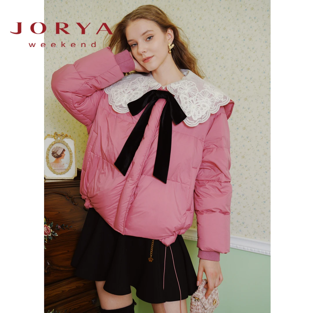 卓雅周末蝴蝶结翻领压褶抽绳泡芙羽绒服EJWCDQ70