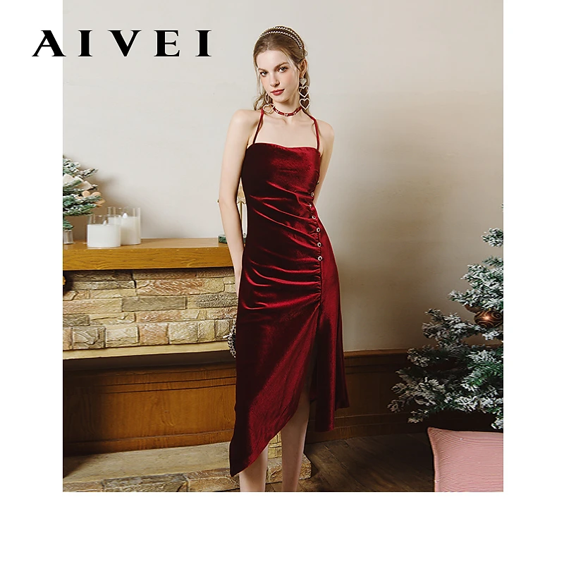 AIVEI24派对会红色开叉丝绒吊带中长裙R0160183