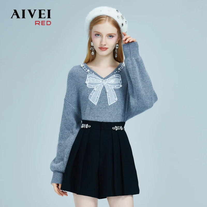 AIVEI冬减龄V领珍珠蝴蝶结百搭毛衣针织衫P0660095