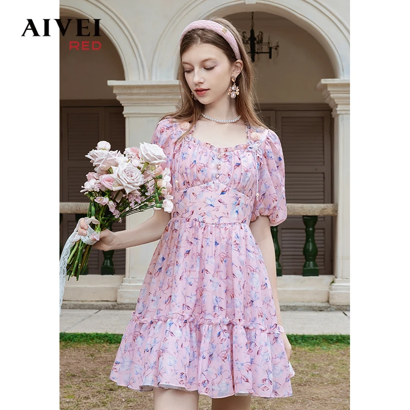 AIVEI法式温柔风方领印花裙子雪纺连衣裙Q0360269