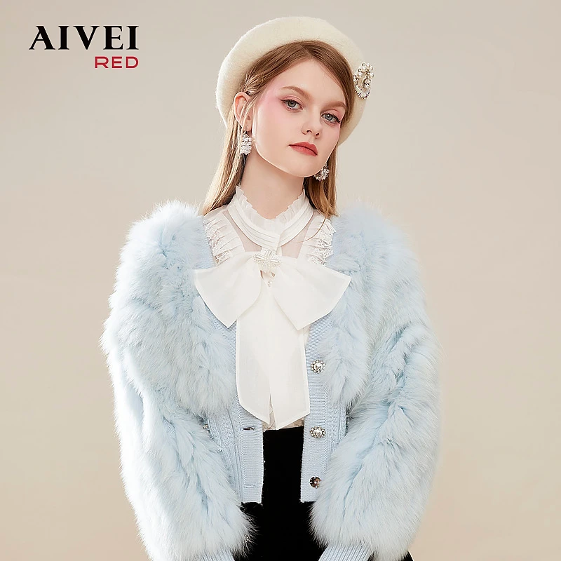 AIVEI冬季新浪漫甜美针织拼接皮短外套Q0660170