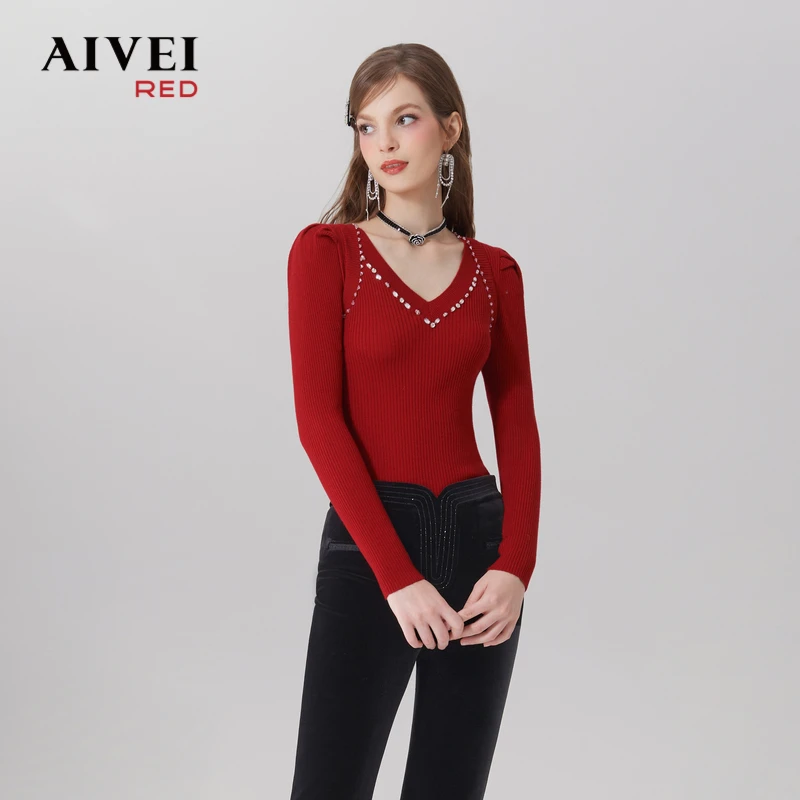 AIVEI新年简约气场红色修身百搭针织衫Q0560063