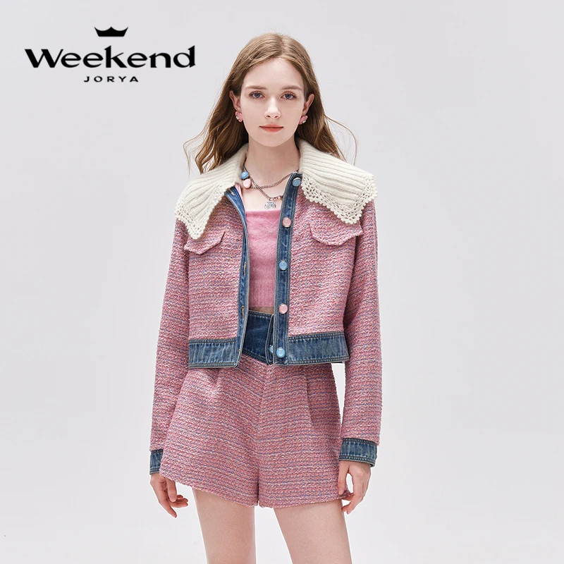 卓雅周末时尚气质小香风牛仔针织领外套EJWDCF17