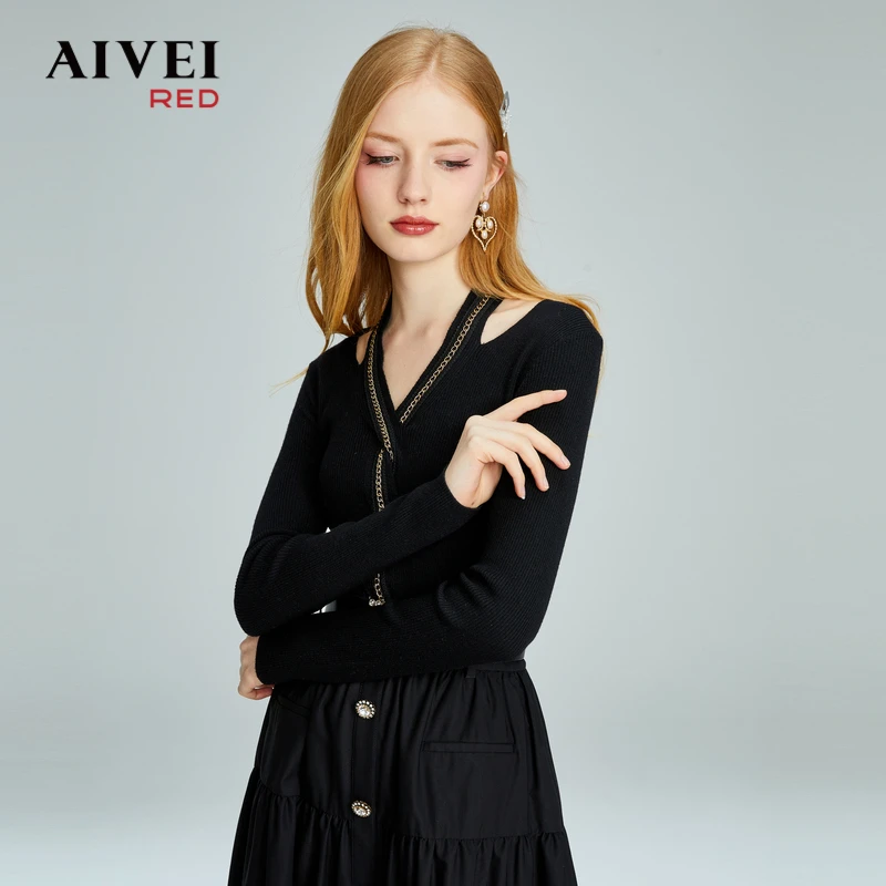 【赵老板专属】欣贺艾薇小众设计感挂脖修身V领针织衫P0560012