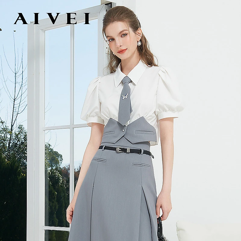 AIVEI24夏新通勤OL甜酷学院泡泡袖衬衫R036S010