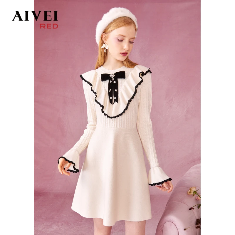 AIVEI欣贺千金风荷叶边高腰针织连衣裙P0660015