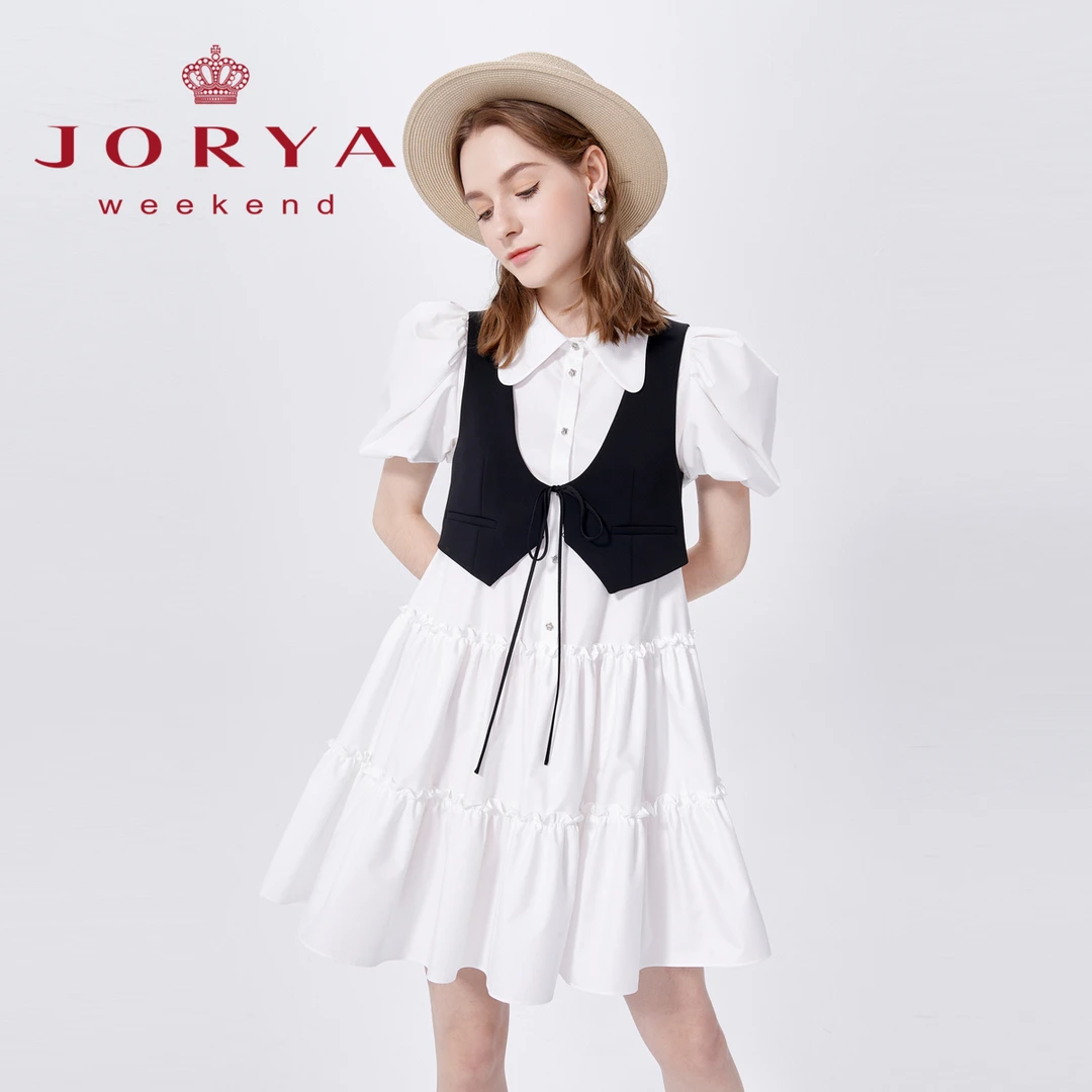 卓雅周末翻领衬衫系带马甲连衣裙两件套EJWCBQ73