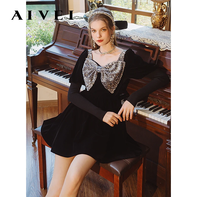 AIVEI甜美公主亮片蝴蝶结方领丝绒连衣裙R0160186
