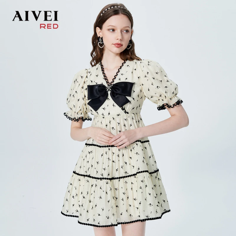 AIVEI欣贺夏新显瘦V领蝴蝶结雪纺连衣裙P0360053