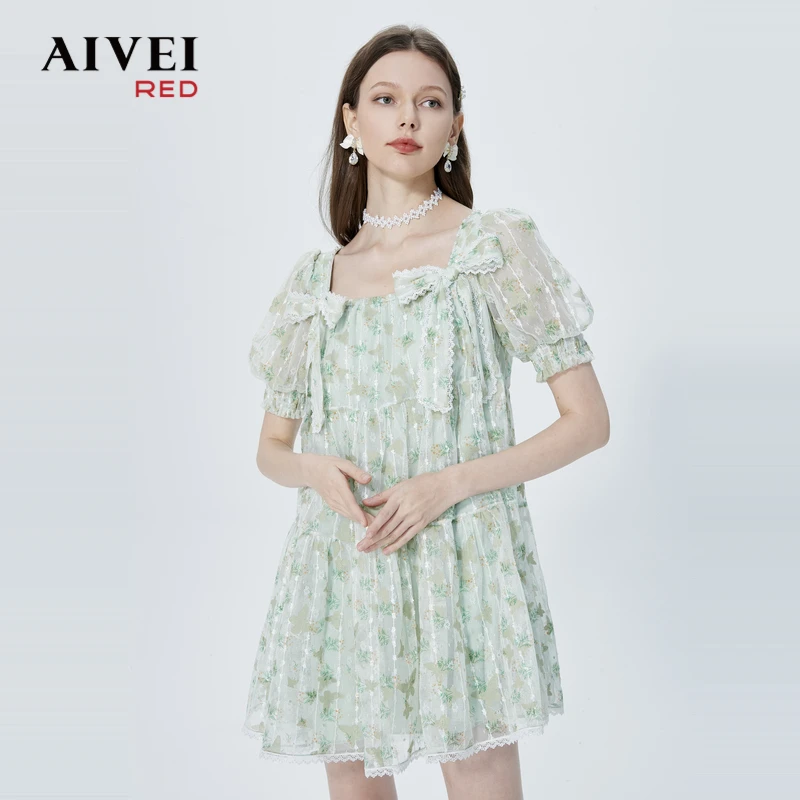 AIVEI蝴蝶结温柔方领夏季碎花连衣裙P0360049
