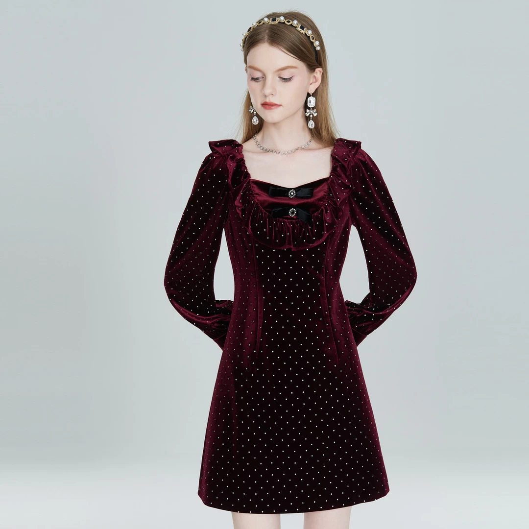 【若谷粉丝专属】AIVEI秋季花边方领波点复古丝绒连衣裙P05W0029