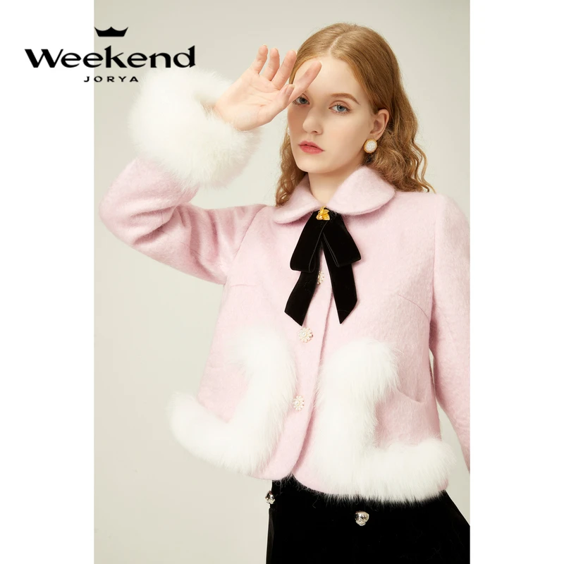 卓雅周末冬可拆狐狸毛珠饰绵羊毛呢短外套EJWDDR59