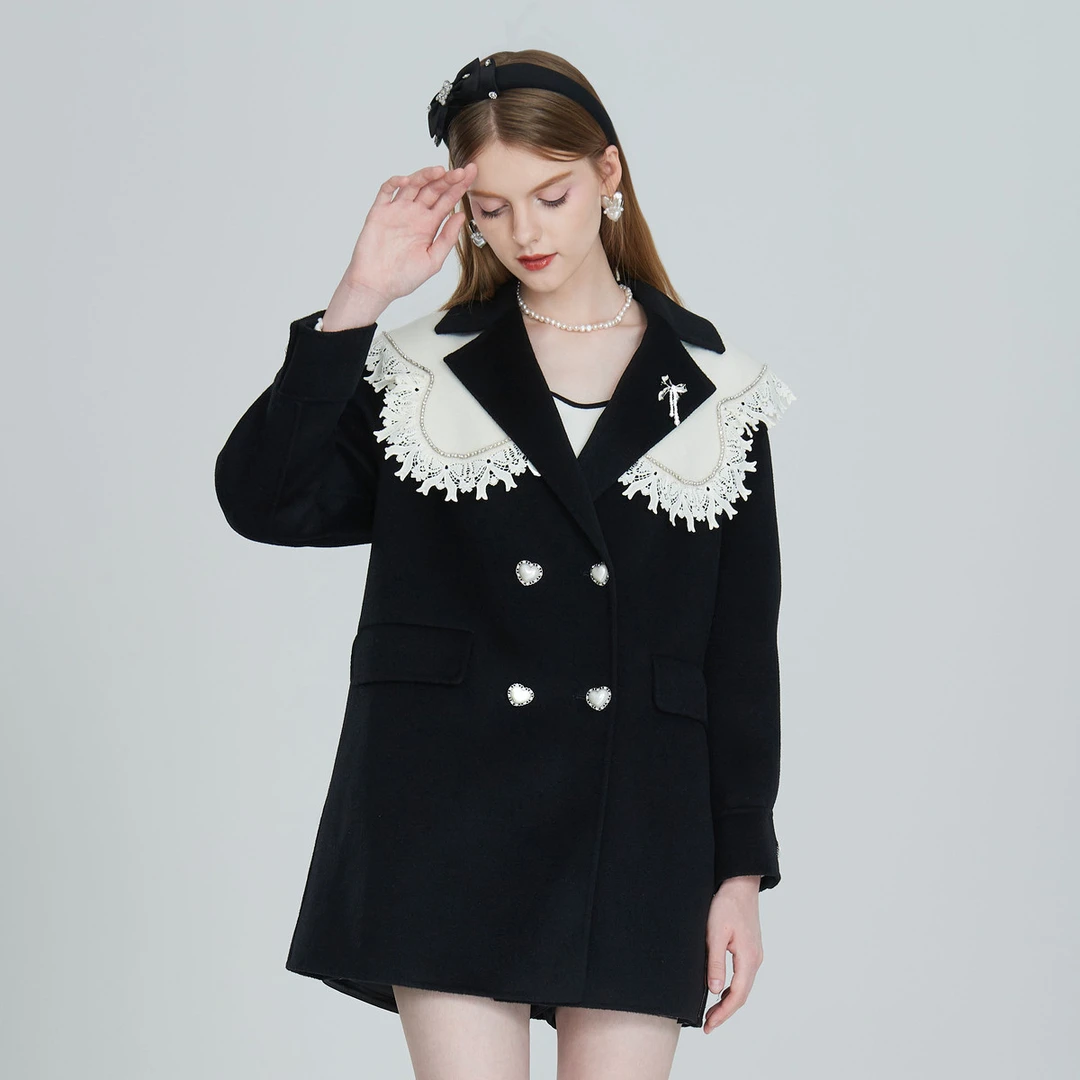 AIVEI冬披肩西装领双排扣呢百搭拼接大衣P066S134