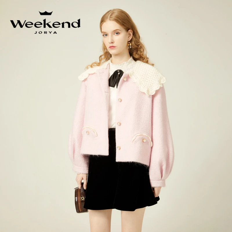 卓雅周末冬季针织手钩翻领珠饰扣毛呢外套EJWDDQ04