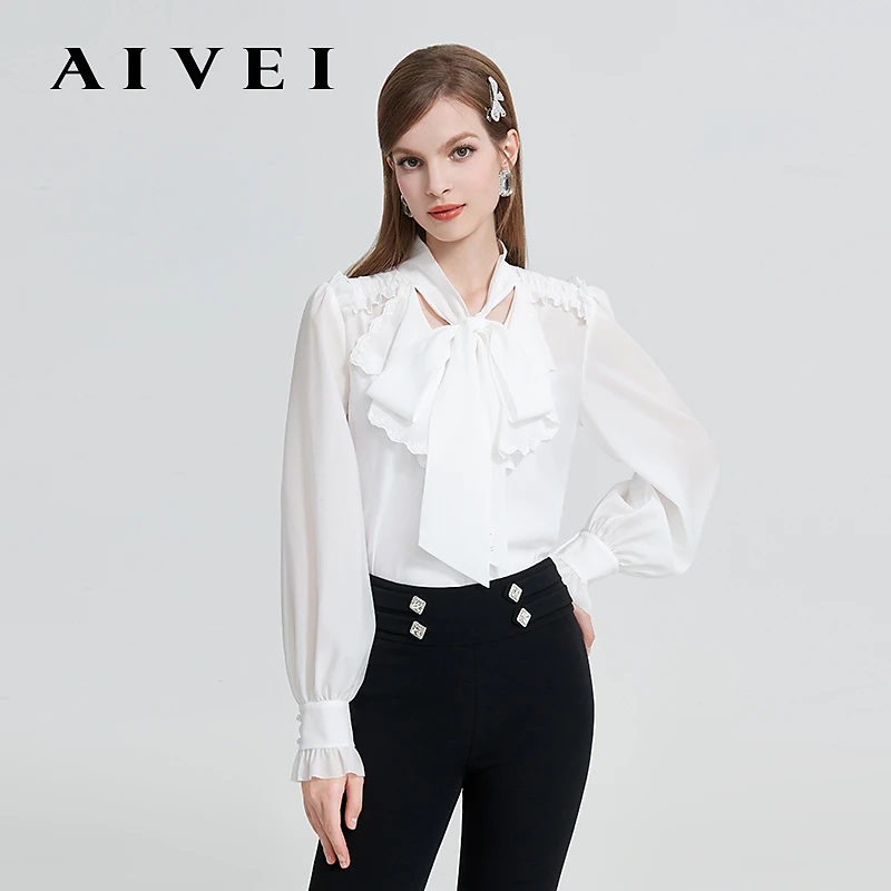 AIVEI24精英淑女风荷叶边烫钻雪纺衬衫R0160157