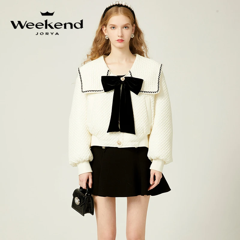 卓雅周末冬甜美蝴蝶结大翻领肌理感羽绒服EJWDDF48