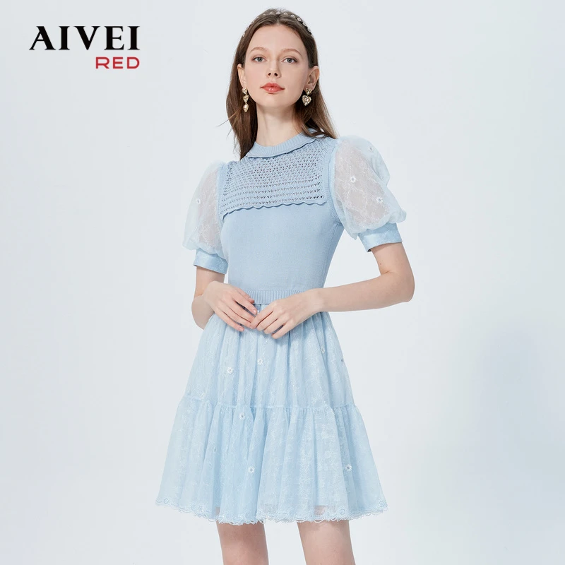 AIVEI甜美针织拼接高腰花朵网纱连衣裙P0360068