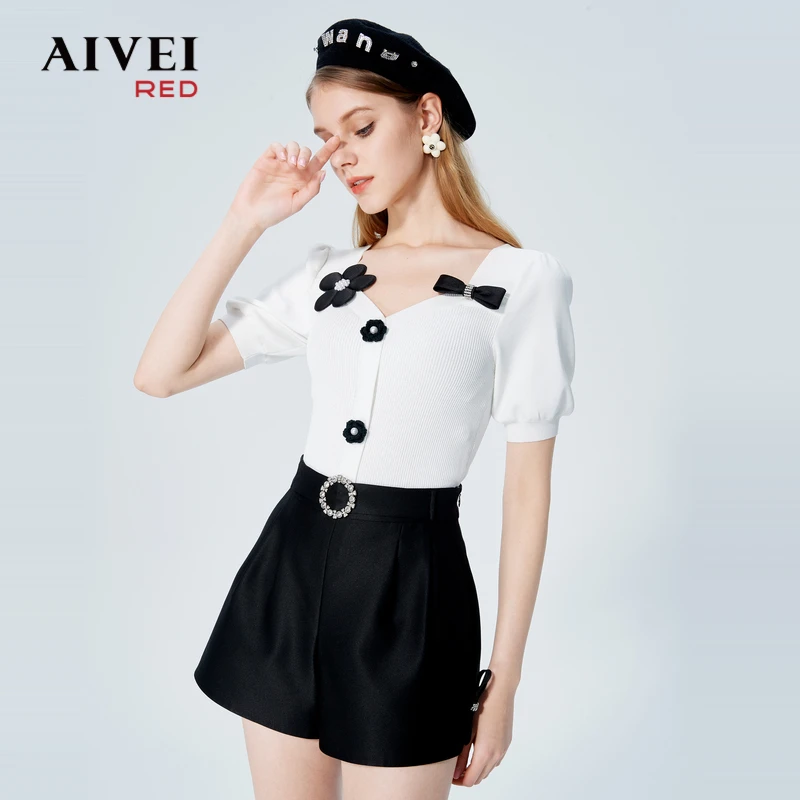 AIVEI夏新蝴蝶结花朵扣桃心领百搭针织衫P0360026