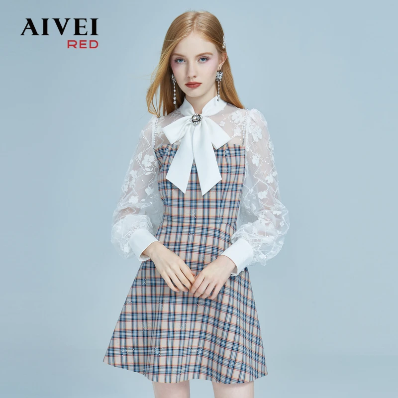 AIVEI冬透视雪纺拼接收腰格子连衣裙 P0660025