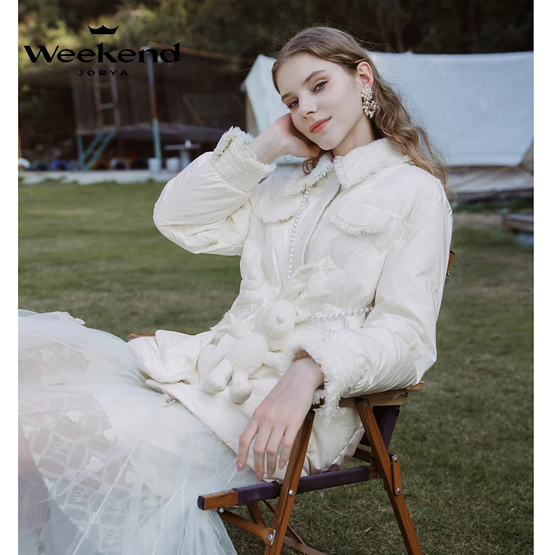 卓雅周末冬季新款拼接花纱中长款羽绒服EJWCDM79