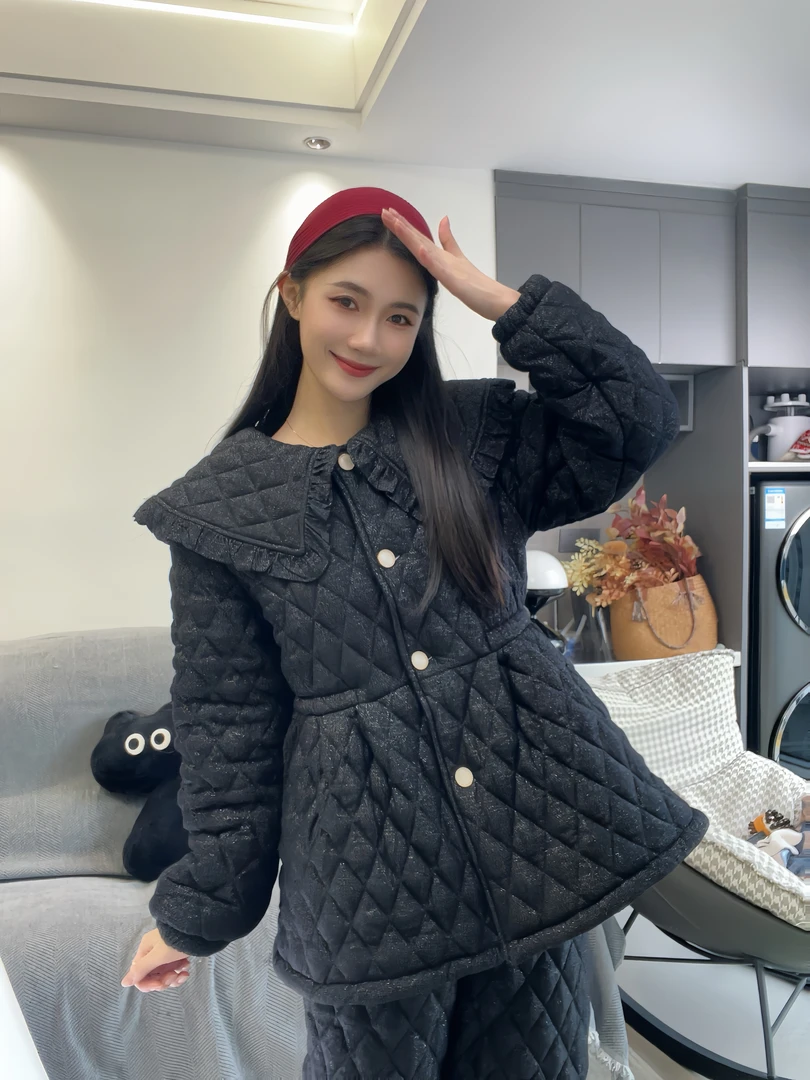 大码冬季三层夹棉睡衣女冬加厚保暖可外两件套穿家居服套装