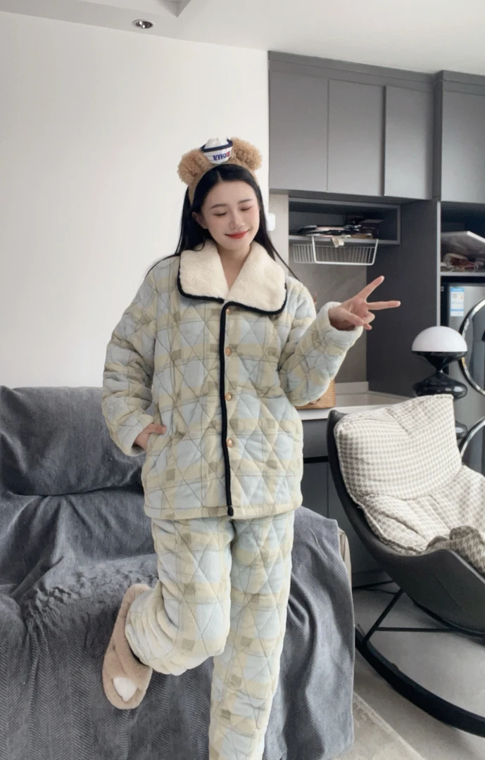 240斤胖MM睡衣女冬季珊瑚绒加厚加绒三层夹棉超厚棉袄冬天家居服