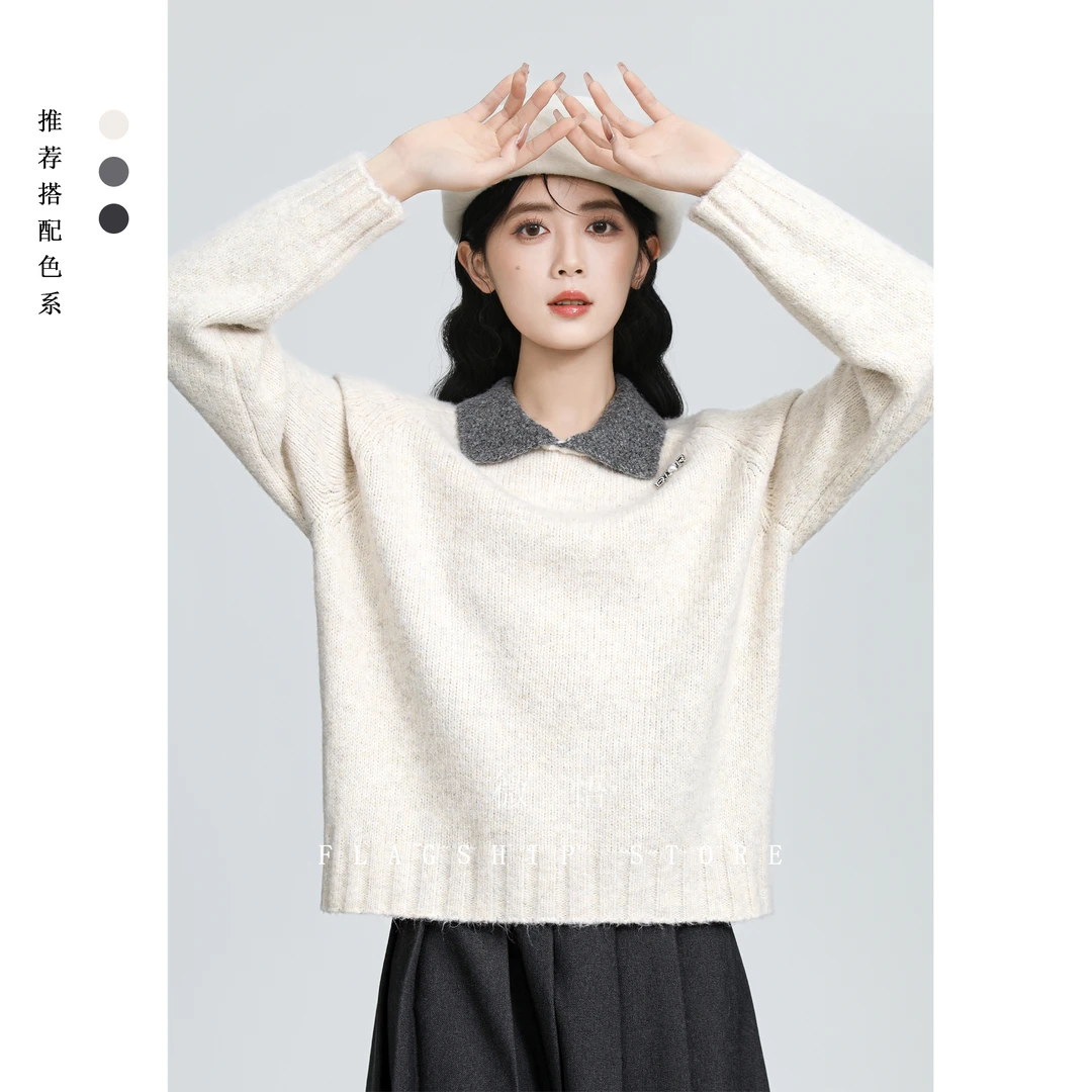 撞色POLO领毛衣女秋冬2024新款设计感翻领宽松加厚套头针织衫上衣