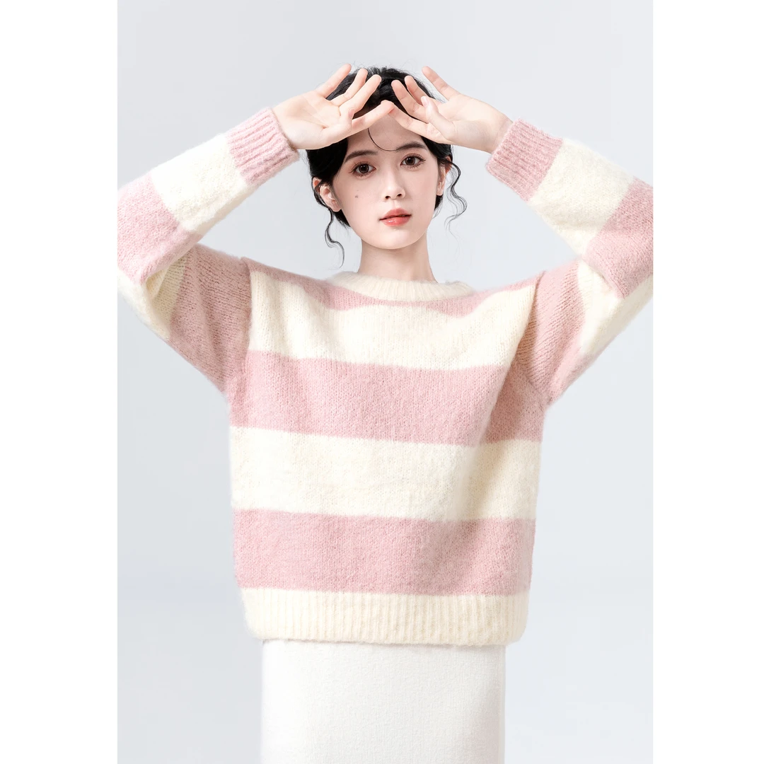 撞色条纹圆领毛衣女春秋2024新款设计感慵懒风软糯针织衫短款上衣