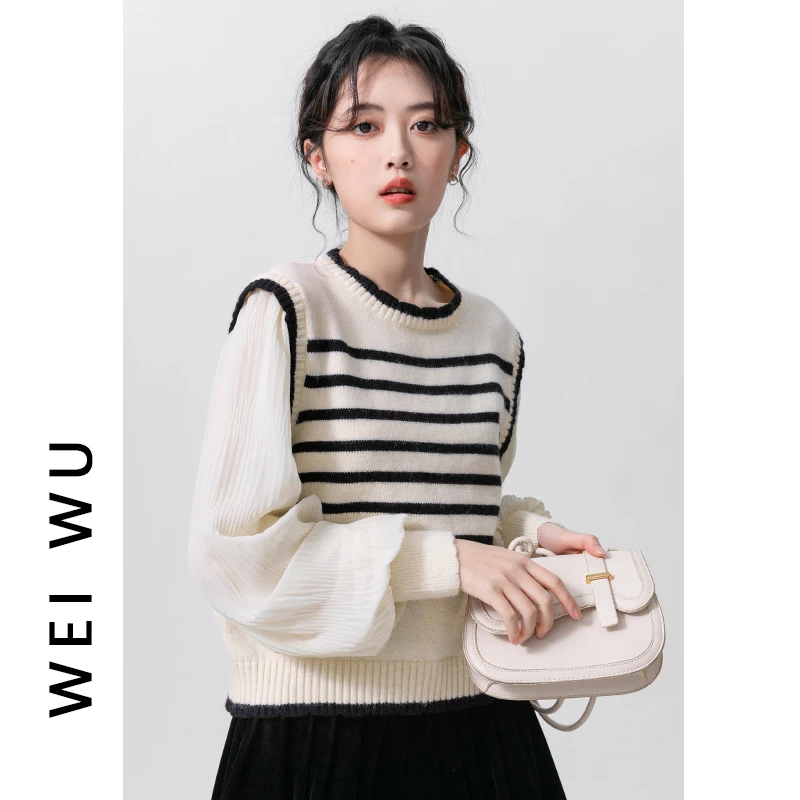 法式假两件针织衫女2025春秋季新款温柔拼接撞色衬衫条纹毛衣上衣