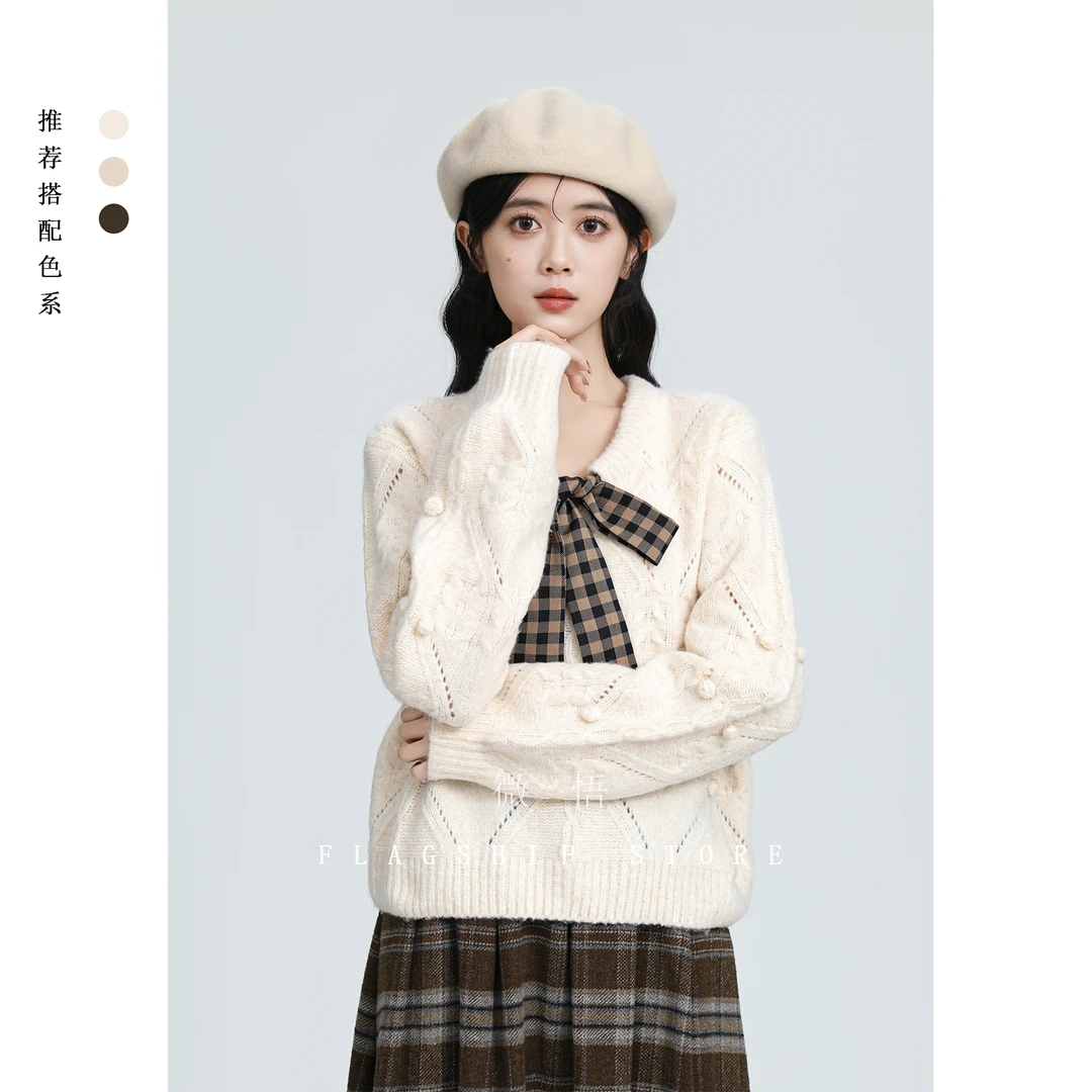 蝴蝶结系带毛衣女秋冬2024新款设计感加厚V领针织衫小个子短上衣