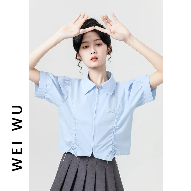 蓝色短款抽绳拉链短袖衬衫女夏2025新款泡泡袖polo领别致衬衣上衣