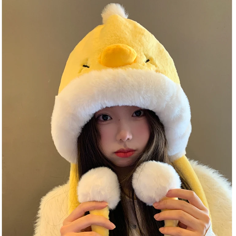 秋冬季可爱小黄鸭毛绒帽女显脸小保暖护耳雷锋帽学生保暖防寒帽子