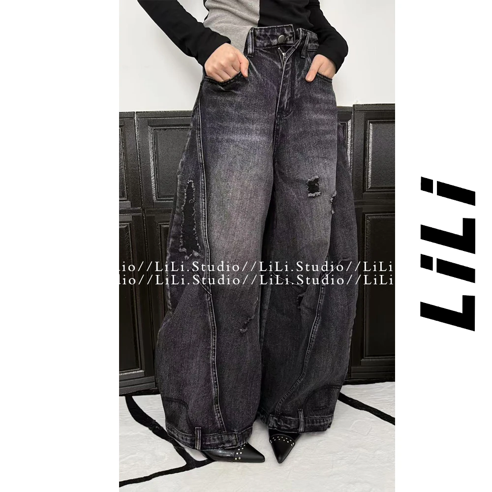 【李里家】美式复古辣妹重工牛仔弯刀裤