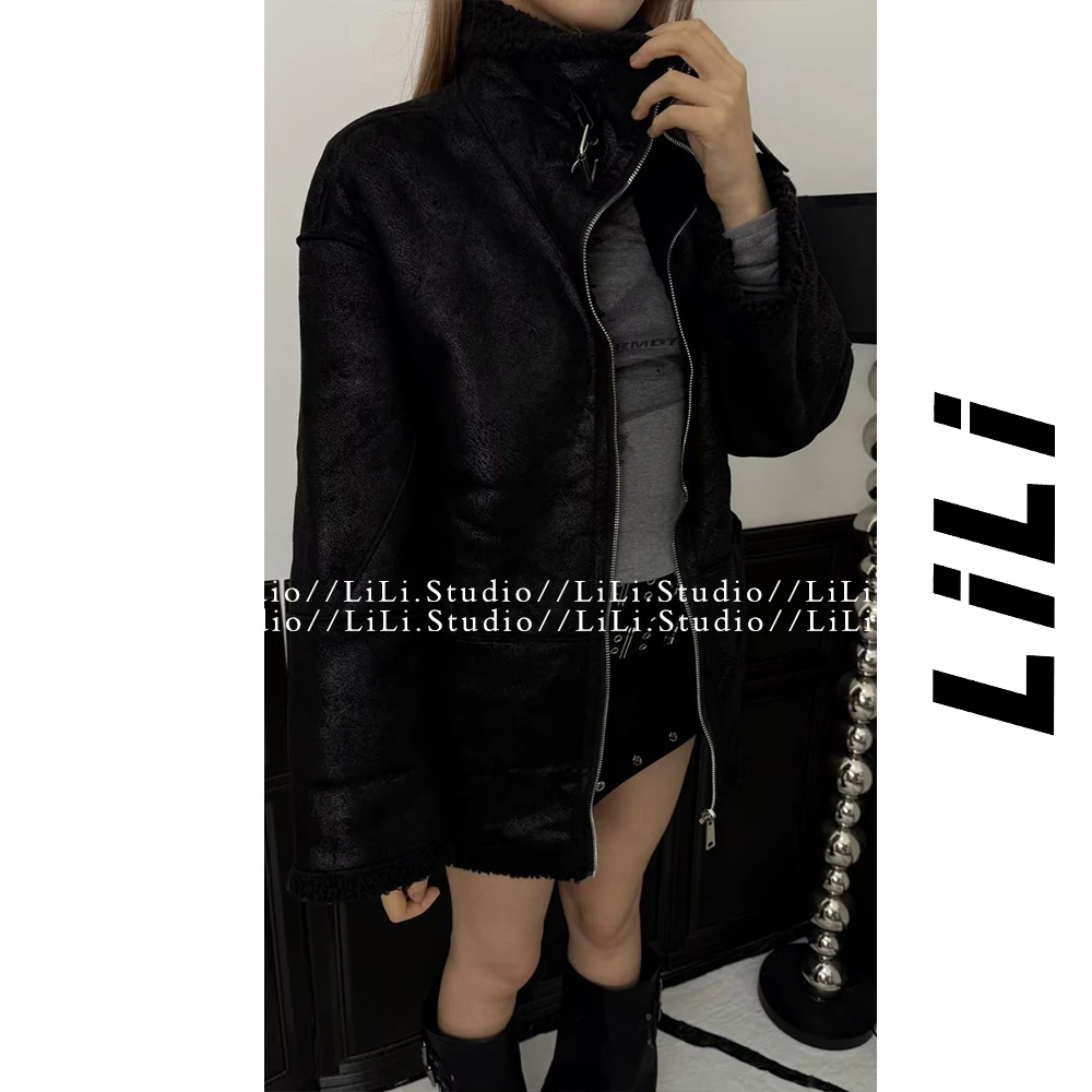 【李里家福利】中长款皮毛一体可立领复古黑冬季外套