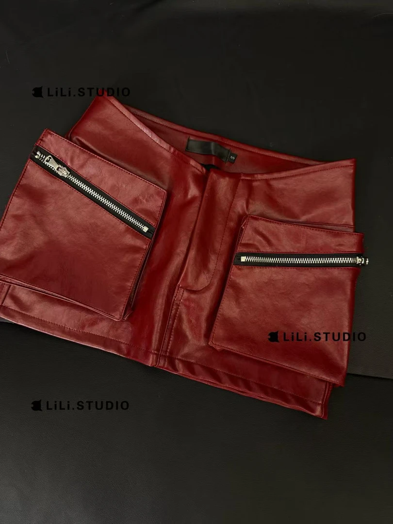 【李里家上新】辣妹超酷漆皮亮色字母立体口袋个性低腰机车小皮裙