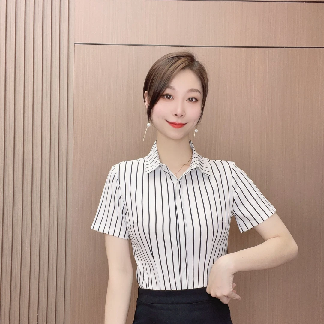 2189职业装竖条纹女士女短袖工作服正装女套装衬衣珠宝售楼处工装