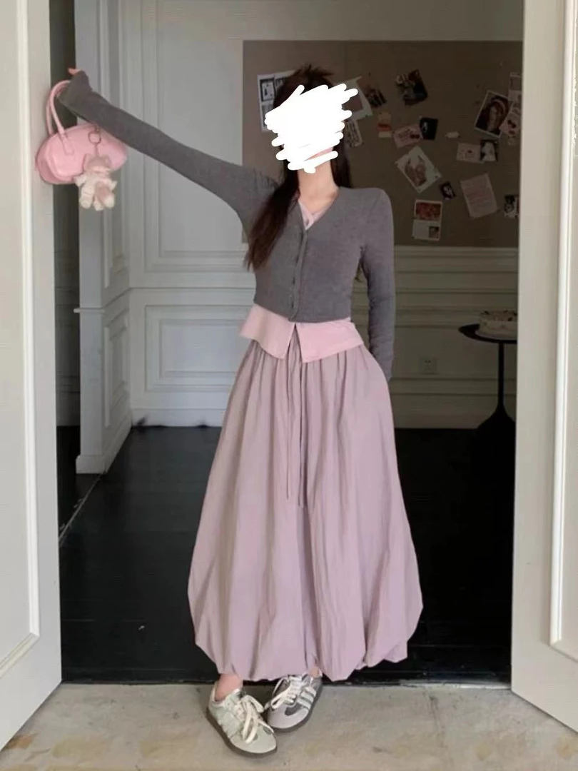 2025春季大码胖mm撞色拼接显瘦百搭半裙两件套灰粉高腰遮肉气质