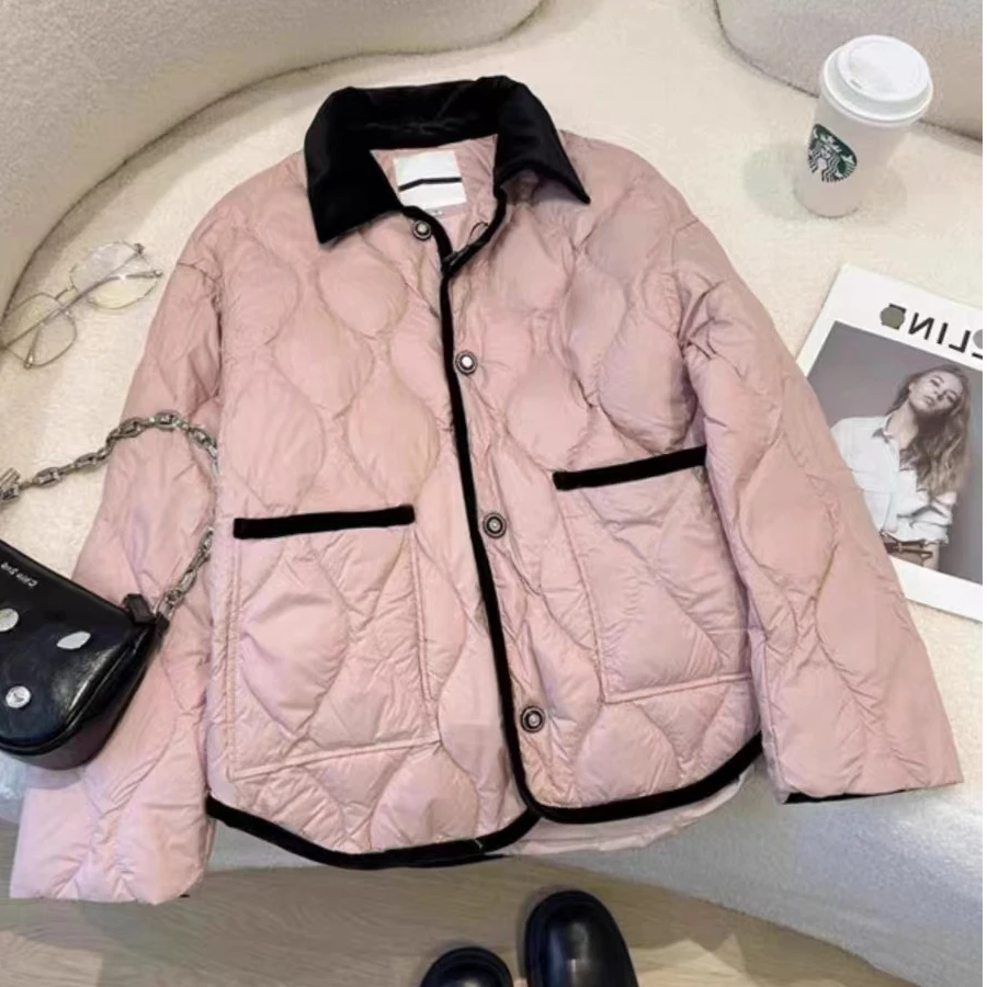 秋冬大码女装外套韩系宽松拼接菱格轻薄棉服