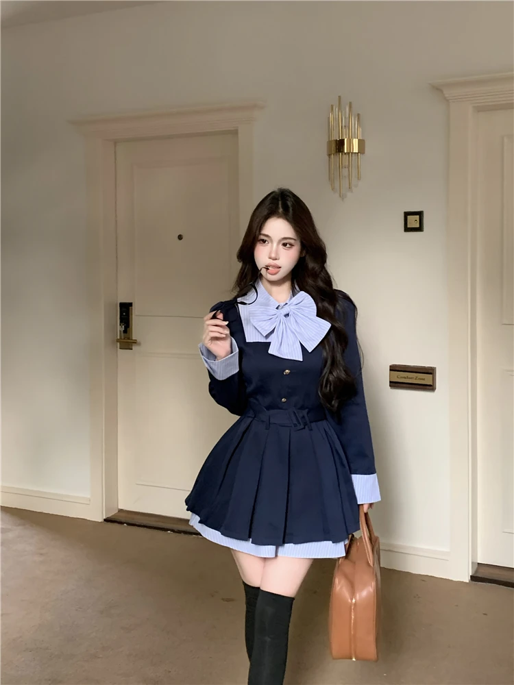 蓝屿学院 秋季学院风拼接设计感长袖连衣裙甜美蝴蝶结约会短裙女