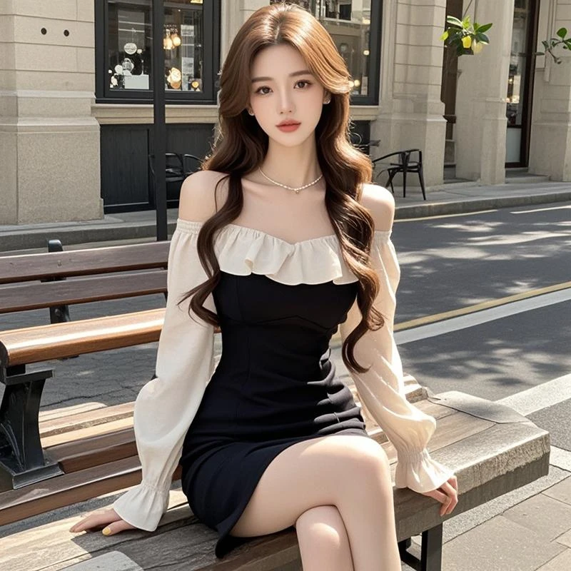 纯欲辣妹撞色荷叶边一字肩连衣裙女2024新款小个子收腰显瘦包臀裙