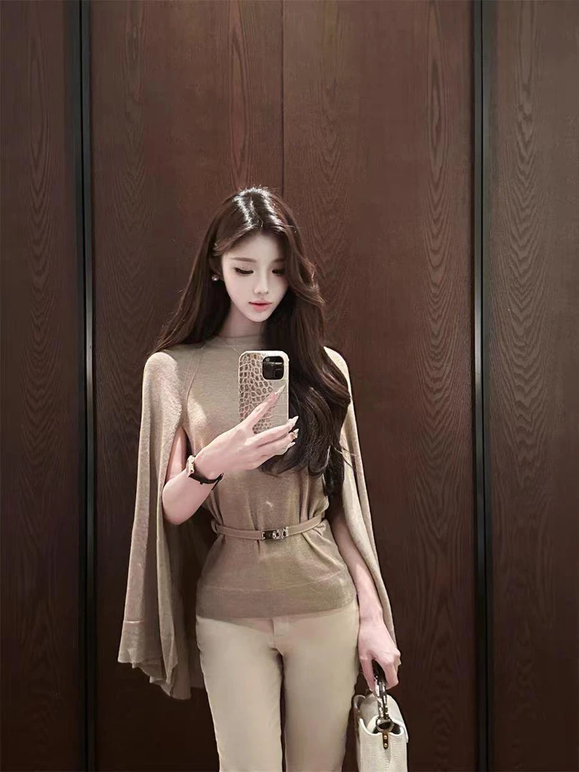【罗马假日】ins早秋气质御姐范斗篷上衣送腰带时尚针织衫修身长裤