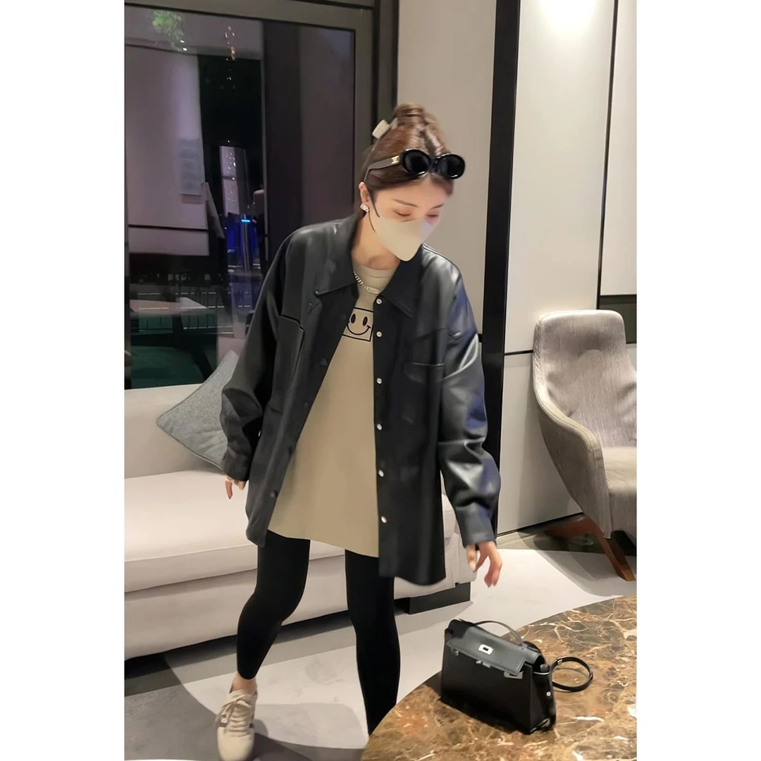 港风气质感超赞简约纯色机车皮衣女2025春秋新款宽松翻领皮衣夹克