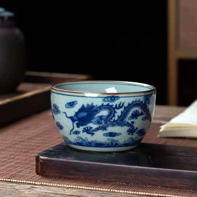 青花老陶泥开片冰裂釉龙虎杯功夫茶具主人杯单杯品茗杯水杯复古风