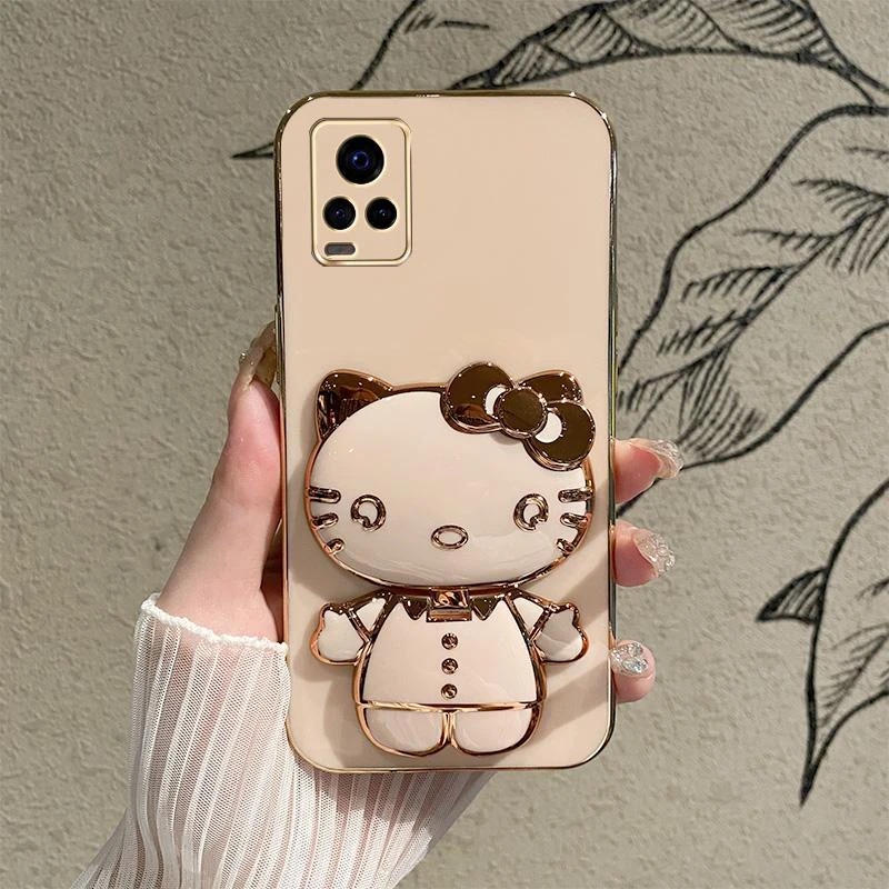 适用vivo S7手机壳高级感颜值软壳全包防摔KT猫镜子带支架保护套