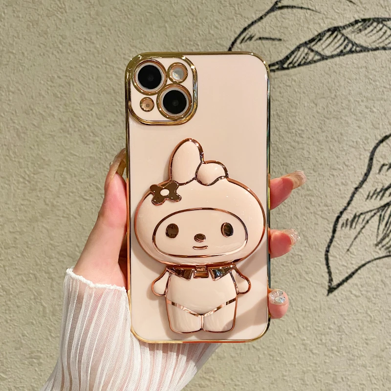 适用苹果14/华为/oppo/vivo/小米13手机壳电镀兔子补妆镜支架女款